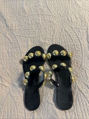 Black Women's Slide Sandals with Gold Stud Accents